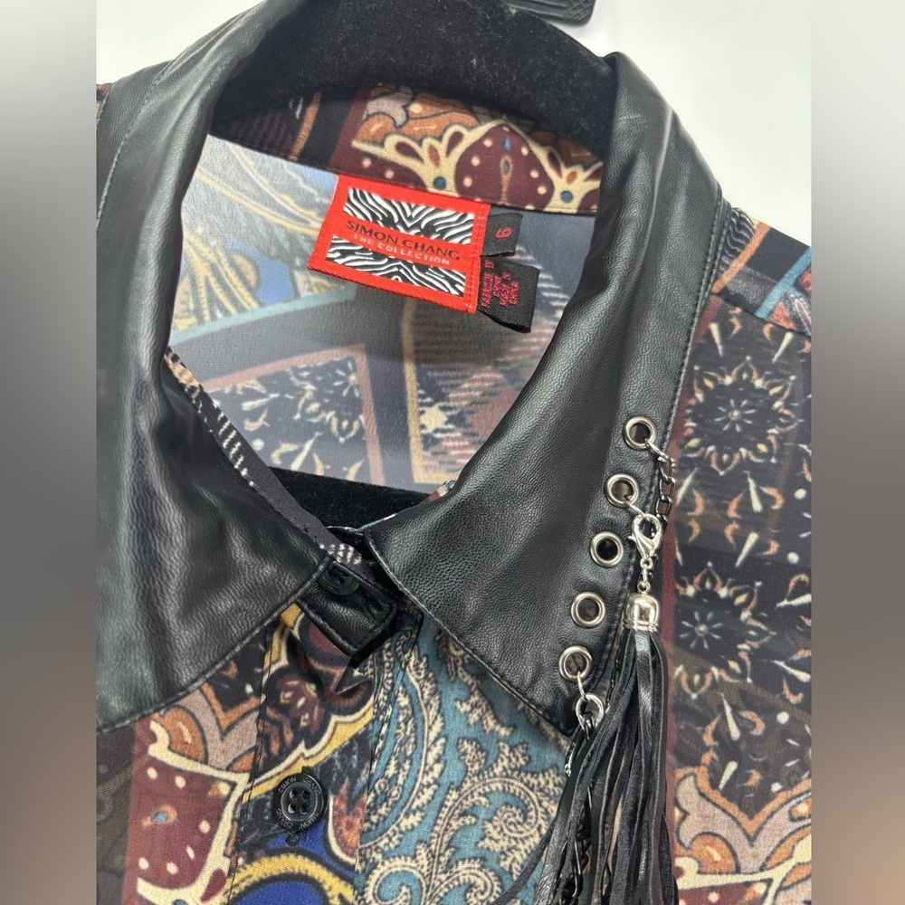 Vtg Simon Chang Collection patchwork print shirt with chains tassels 6 - Picture 4 of 16